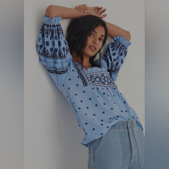 Anthropologie seen worn kept Mary Blouse Womens Floral Blue Embroidered Boho 4 - Picture 4 of 12